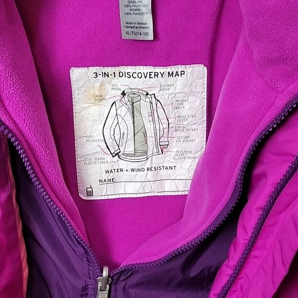 Girls Champion C9 3-in-1 Water & Wind Resistant Jacket/Coat. Pink & Purple XL